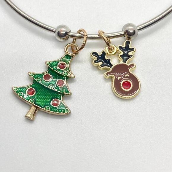 Rudolph the Red-Nosed Reindeer and Christmas Tree Bangle Charm Bracelet - Picture 2 of 6